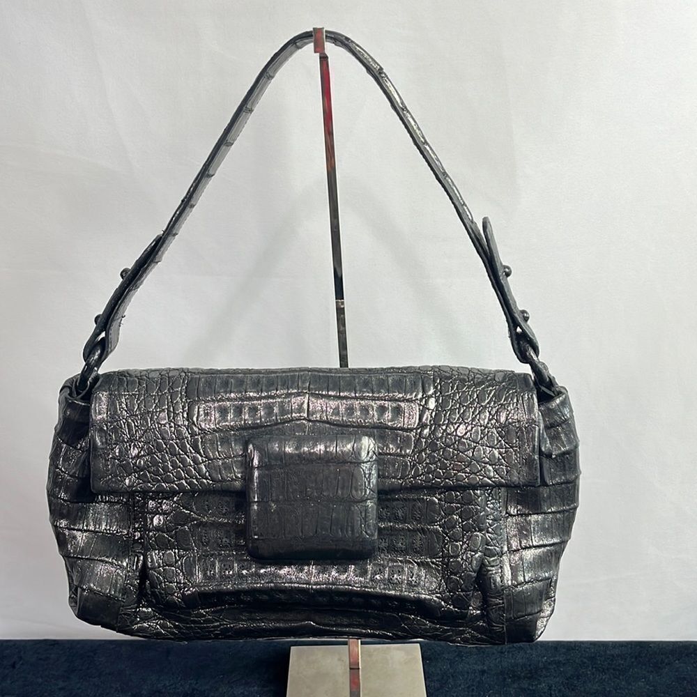 Nancy Gonzales Gun Metal Crocodile Satchel Bag